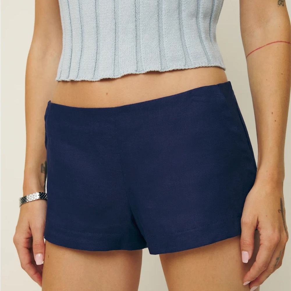 Navy 100% Linen Blue Women's Shorts